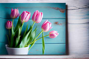 Wunderschöne rosa Tulpen auf blauen Holztisch mit Platzhalter. Perfekter Hintergrund für den Frühling, Valentinstag, Ostern, Geburtstag, Hochzeit, Muttertag und Weltfrauentag - Ai generiert