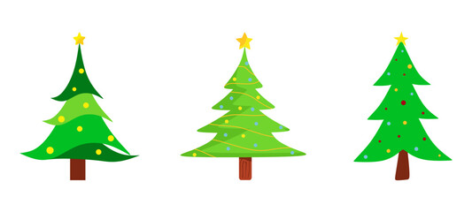 Vector set of cartoon Christmas trees, pines for greeting card, invitation, banner, web. Colorful winter trees collection for holiday xmas and new year. Vector illustration