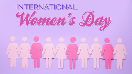Many paper figures of women on lilac background. Greeting card for International Women's Day