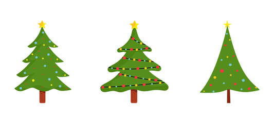 Set of Christmas trees in flat style isolated on white background, pines for greeting card, invitation, banner, web. Colorful winter trees collection for holiday xmas and new year. Vector illustration
