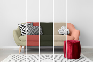 New sofa in different colors and pouf near light wall in room