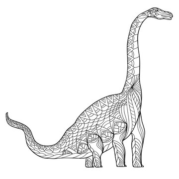 Hand drawn dinosaur Janenschia robusta. Coloring book page antistress for adults and children. Prehistoric doodle cartoon animal. Vector outline sketch illustration isolated on white background