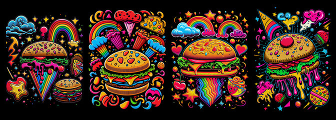 Fototapeta premium Set of surreal cartoon burgers. AI Generative..