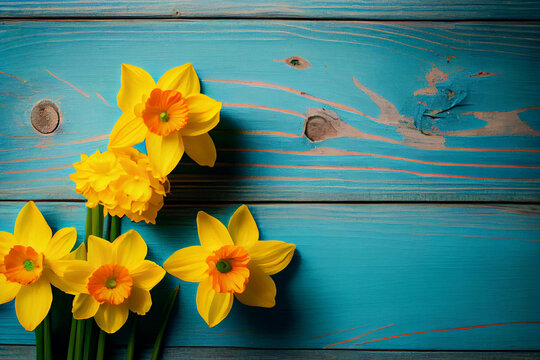 Wundersch&ouml;ne gelbe Narzissen auf blauen Holz-Hintergrund mit Platzhalter. Perfekter Hintergrund f&uuml;r den Fr&uuml;hling und Ostern - Ai generiert