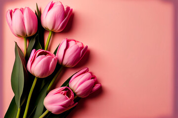 Wunderschöne rosa Tulpen auf rosa Hintergrund mit Platzhalter. Perfekter Hintergrund für den Frühling, Valentinstag, Ostern, Geburtstag, Hochzeit, Muttertag und Weltfrauentag - Ai generiert
