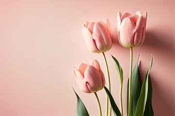 Wunderschöne rosa Tulpen auf rosa Hintergrund mit Platzhalter. Perfekter Hintergrund für den Frühling, Valentinstag, Ostern, Geburtstag, Hochzeit, Muttertag und Weltfrauentag - Ai generiert - obrazy, fototapety, plakaty