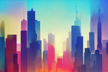 watercolor background city skyscrapers minimalism. Generative AI