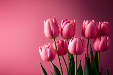 Wunderschöne rosa Tulpen auf rosa Hintergrund mit Platzhalter. Perfekter Hintergrund für den Frühling, Valentinstag, Ostern, Geburtstag, Hochzeit, Muttertag und Weltfrauentag - Ai generiert