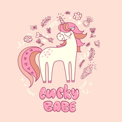 Unicorn illustration on tender peach colors with flowers, Leeves, magic wand, butterflies, come ice creameam linear sign. Fairy horse with horn.