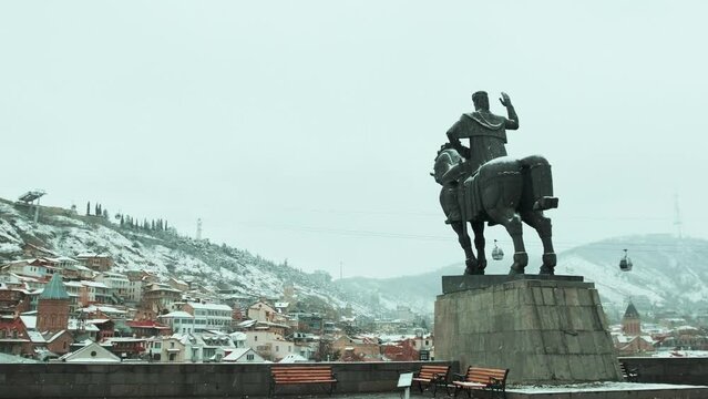 Tbilisi old town, Georgia, winter city, Narikala Fortress, Vakhtang Gorgasali Square, cableway, panorama, Observation deck