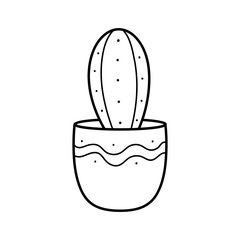 A beautiful linear cactus in a pot. House plant in doodle style. Simple clipart to design greeting cards, clothing, stationery for cactus lovers. Gardening, home entertainment and hobbies.