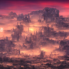 Distopic City Sunset Background "Generative AI"
