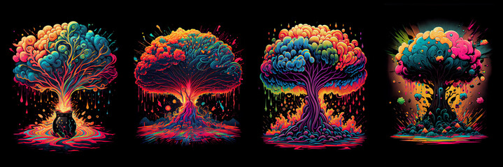 Set of psychedelic dripping cartoon nuclear explosion. Generative AI. - obrazy, fototapety, plakaty