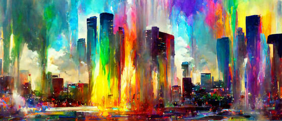Abstract illustration, City with skyscrapers. Illustration Stained with paint. Oil imitation. rainbow spots