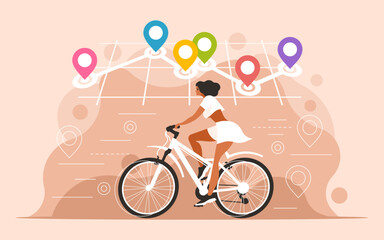 Fototapeta na wymiar Navigation with location pin. Fitness and Tracking. Woman rides a bicycle and tracks her location