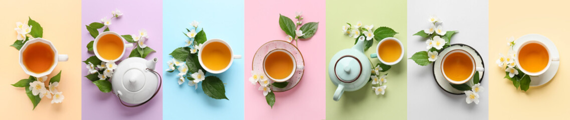 Collage of tasty jasmine tea on color background, top view