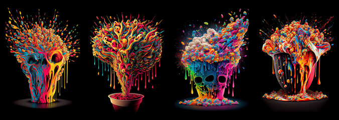 Set of exploding colorful pop corn. AI Generative.