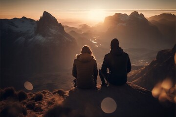 Fototapeta couple sitting at the top of a snow mountain, destination, vacation, hiking, peace, Generative AI obraz