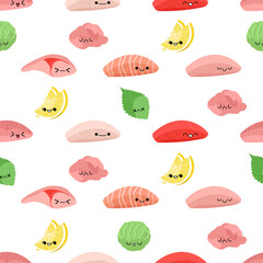 Fototapeta premium Seamless pattern with sashimi characters vector illustration isolated on white background. Cute pieces of raw fish with lemon, wasabi, ginger and shiso leaves 