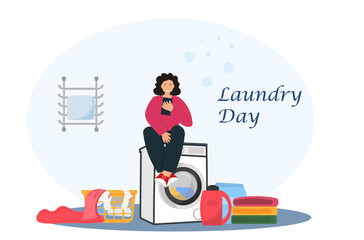 Woman sitting in the laundry room with washing machine, clothes, towels, household concept, flat vector illustration