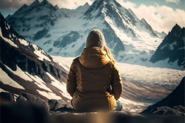 Woman sitting at the top of a snow mountain, destination, vacation, hiking, peace, Generative AI