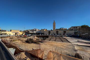 Underground parking lot under construction next to the blue gate in the medina of Fez