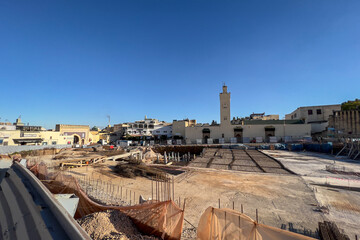 Underground parking lot under construction next to the blue gate in the medina of Fez