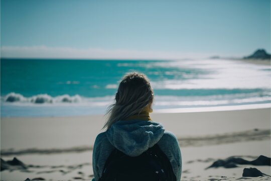 woman sitting in front of the beach, Generative AI