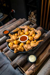 Plato de alas con papa criolla y salsas, bbq, toamate, tártara en un fondo oscuro con base de troncos de madera