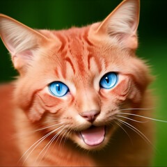 beautiful reddish cat with beautiful blue eyes sticking out her tongue with a cheerful and elegant expression