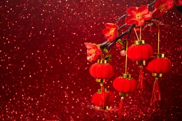 Foto auf Acrylglas Chinese New Year background with sakura branch and lanterns © vetre