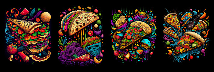 Set of Mexican fast food on black background. Generative AI.