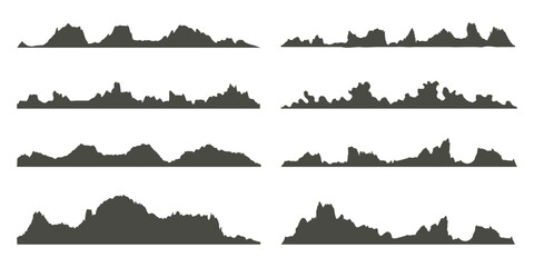 Mountains silhouettes on the white background. Wide semi-detailed panoramic silhouettes of highlands, mountains and rocky landscapes. Isolated Row of Mountains in Vector