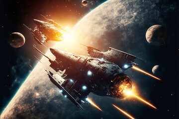 Obraz na płótnie Canvas Space combat science fiction scenery wallpaper with spaceships and shuttle fleets above a planet attacking each other