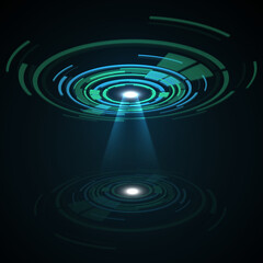 Abstract vector pink hologram futuristic circle background. High tech and Sci-fi technology design with round shape pattern and beam lights.