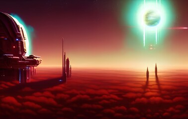 A sci-fi futuristic landscape on an alien planet with multiple moons.