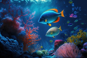 Naklejka na ściany i meble Scene of underwater tropical paradise with exotic fish and coral reef Generative AI