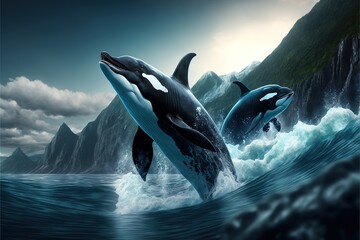 Orcas hunting near the shore generative AI