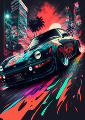  Wanted JDM Sports car in a colorful-retro hot pursuit, digital art style, generative ai