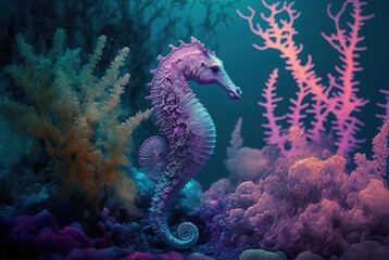 Purple cute Seahorse with seaweed generative AI - obrazy, fototapety, plakaty