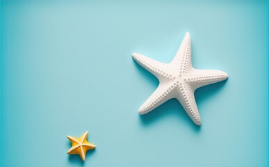 Fototapeta na wymiar Big white starfish and small gold starfish on pastel blue generative AI