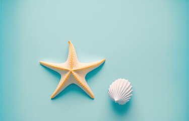Fototapeta na wymiar Starfish with white shell on light pastel blue background generative AI