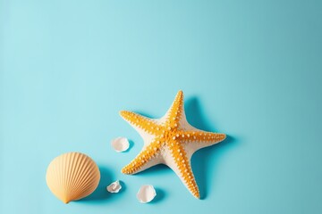 Fototapeta na wymiar Orange star fish and seashells on pastel blue table generative AI