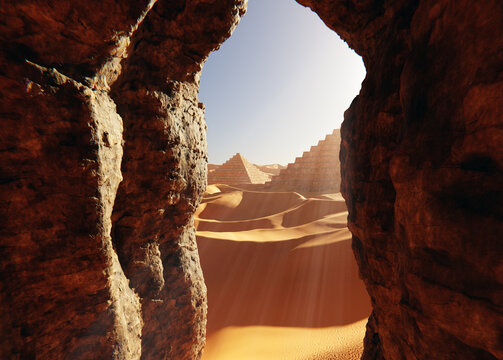 Sand dunes Sahara Desert at sunset, 3D illustration