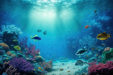 Naklejka na ściany i meble Tropical underwater scene with sea life generative AI
