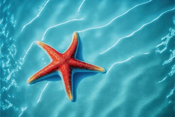 Fototapeta na wymiar Red starfish and turquoise water near shore generative AI