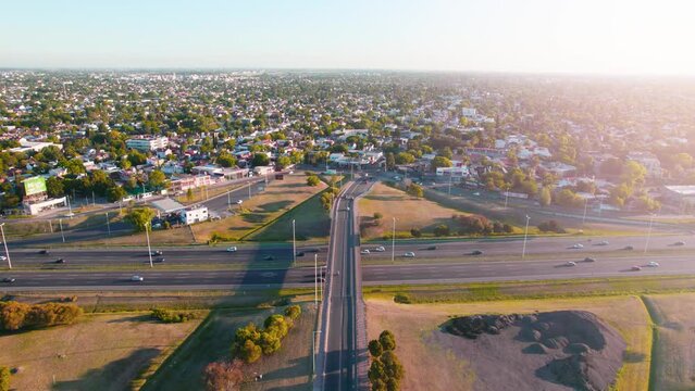 aerial view of highway at sunset