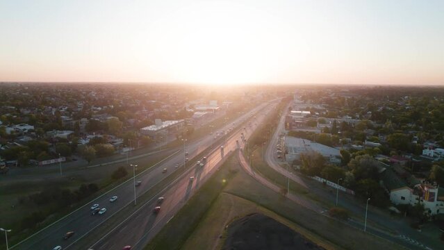 aerial view of highway at sunset