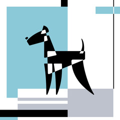 Airedale Terrier. Dog breed silhouettes. Card template. Avantgarde graphic style. Vector Illustration on a grey and blue abstract background.