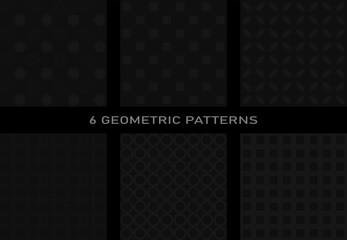 A set of 6 geometric seamless patterns made in the same style. Dark background, dark gray lines, geometric shapes and minimalism.